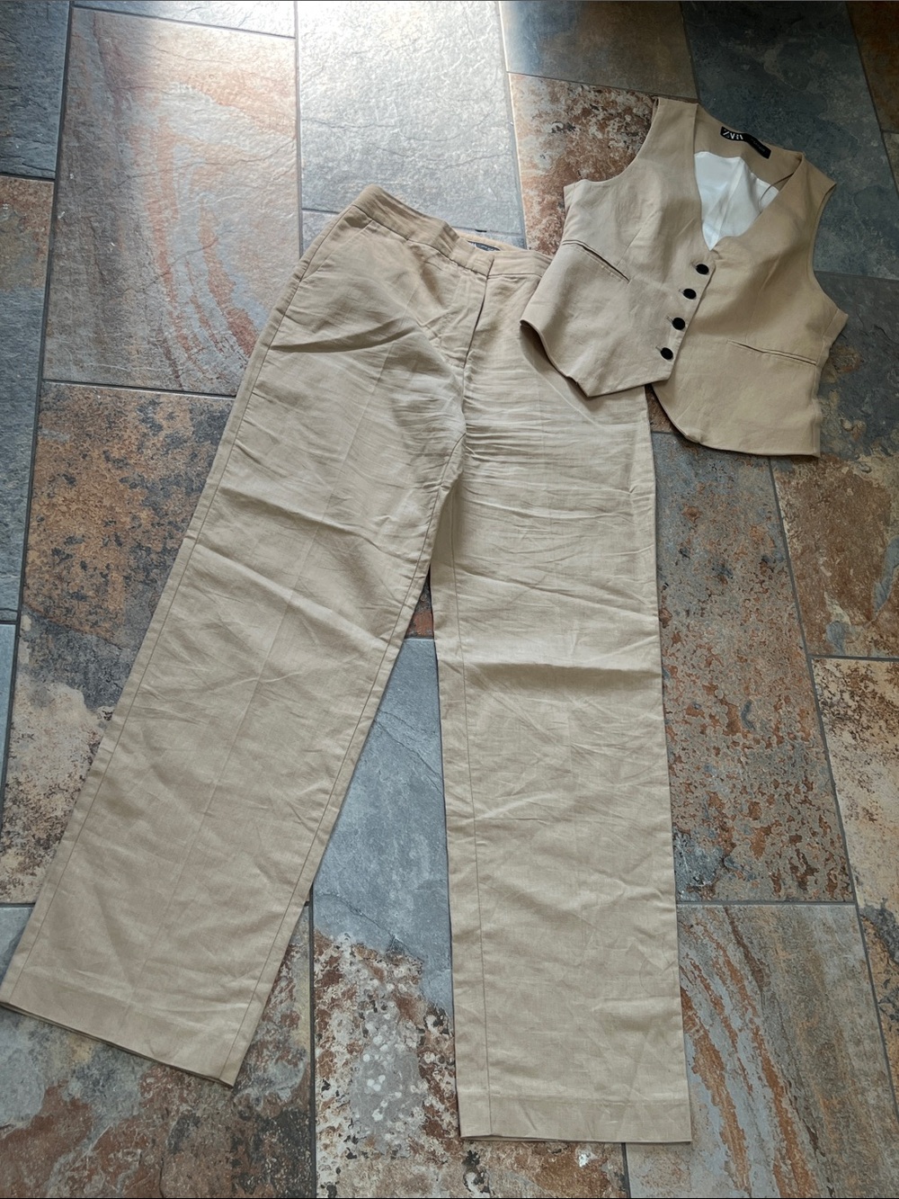 Zara Beige straight Leg vest linen blend two piece set